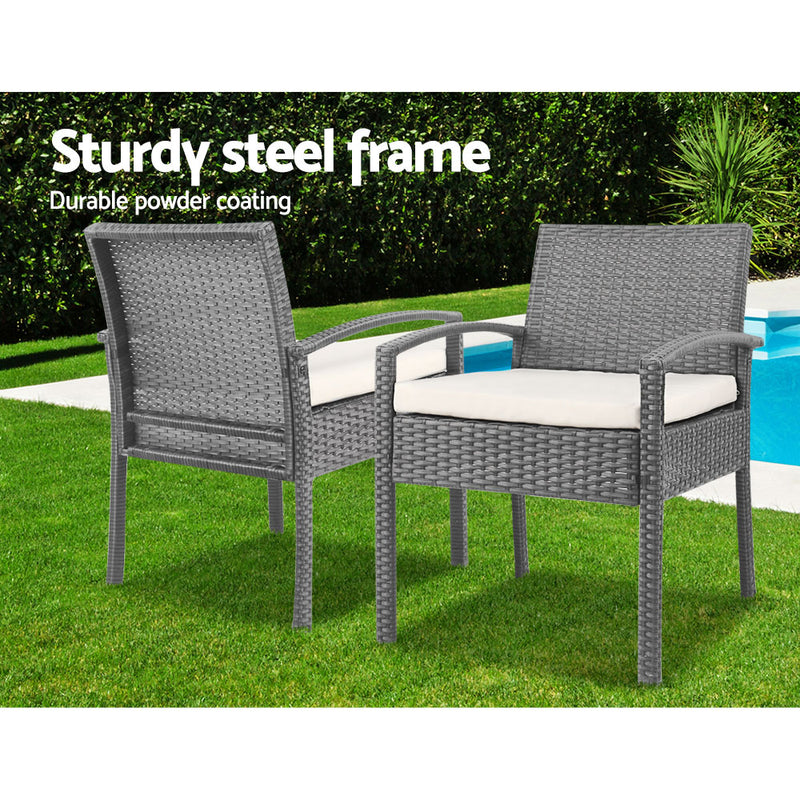 Gardeon 3PC Patio Furniture Bistro Set Wicker Outdoor Lounge Setting Grey