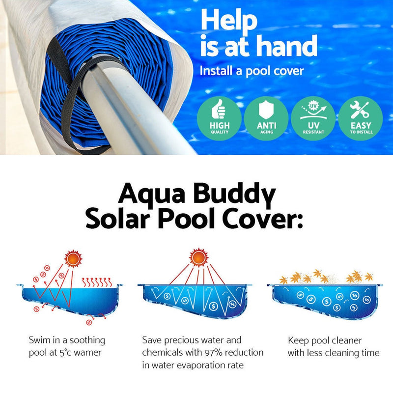 Aquabuddy Pool Cover 8x4.2m 400 Micron Silver Swimming Pool Solar Blanket 5.5m Blue Roller