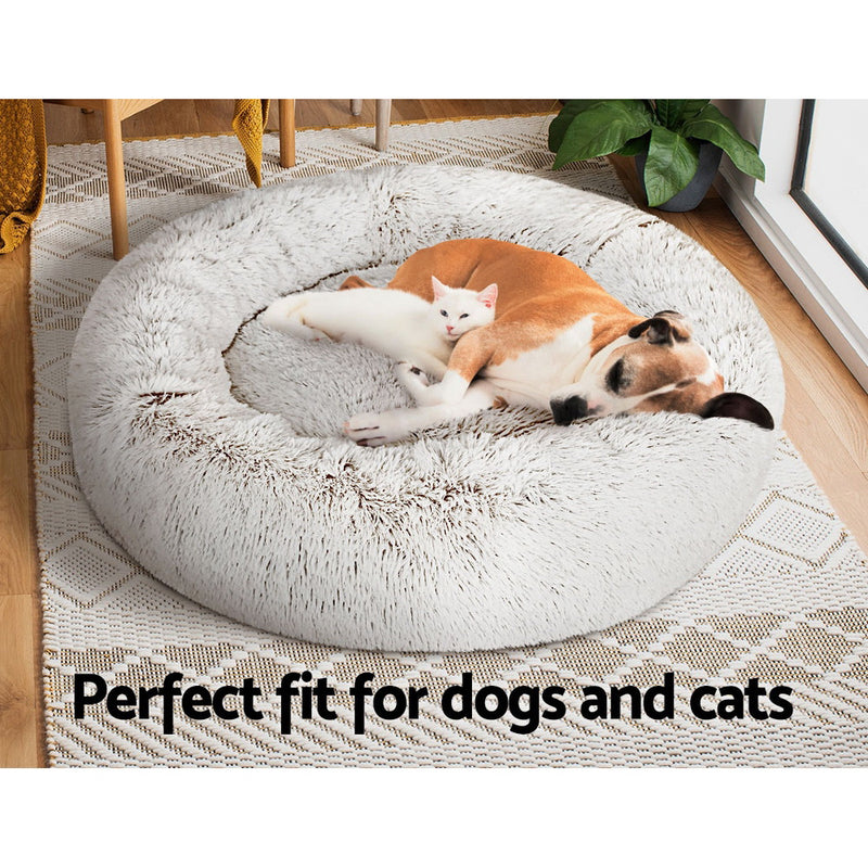 Plush Pet Bed for Dogs & Cats 90cm - White Brown