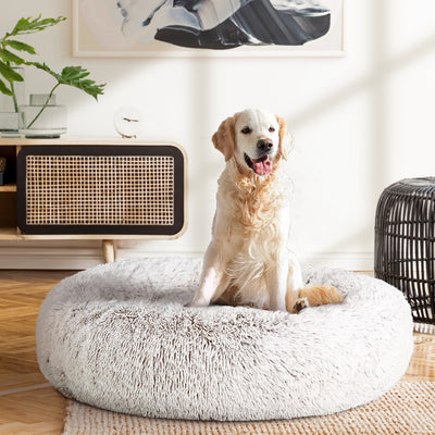 Plush Pet Bed for Dogs & Cats 90cm - White Brown