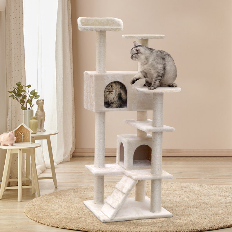 i.Pet Cat Tree 134cm Tower Scratching Post Scratcher Wood Condo House Bed Beige