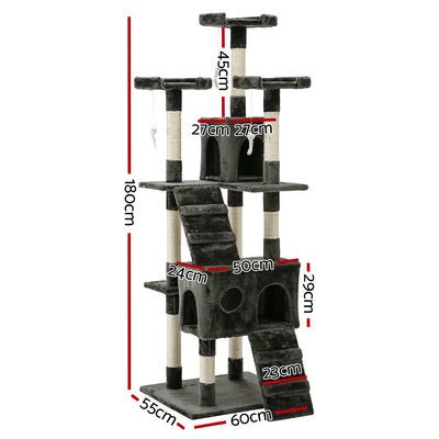 i.Pet Cat Tree 180cm Tower Scratching Post Scratcher Wood Condo House Toys Grey