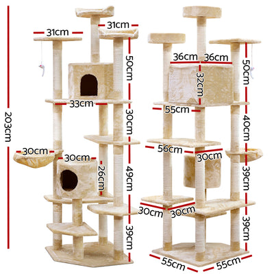 i.Pet Cat Tree 203cm Tower Scratching Post Scratcher Condo Trees House Bed Beige