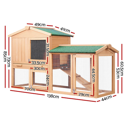 i.Pet Chicken Coop Rabbit Hutch 138cm x 44cm x 85cm Large Chicken Coop House Run Cage Wooden Outdoor