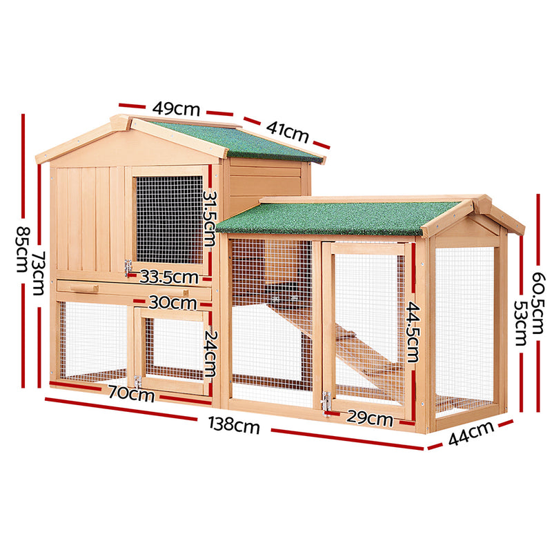 i.Pet Chicken Coop Rabbit Hutch 138cm x 44cm x 85cm Large Chicken Coop House Run Cage Wooden Outdoor