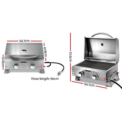 Grillz Portable Gas BBQ Grill 2 Burners with Double Sided Plate