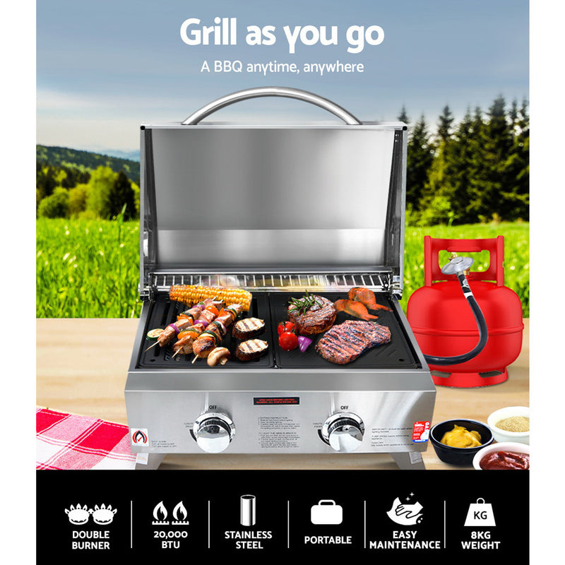 Grillz Portable Gas BBQ Grill 2 Burners with Double Sided Plate