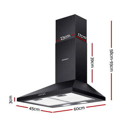 Devanti 600mm Range Hood 60cm Rangehood Black