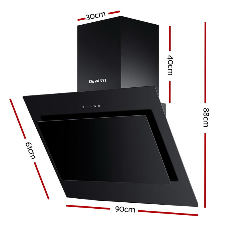 Devanti 900mm Range Hood 90cm Rangehood Glass Black