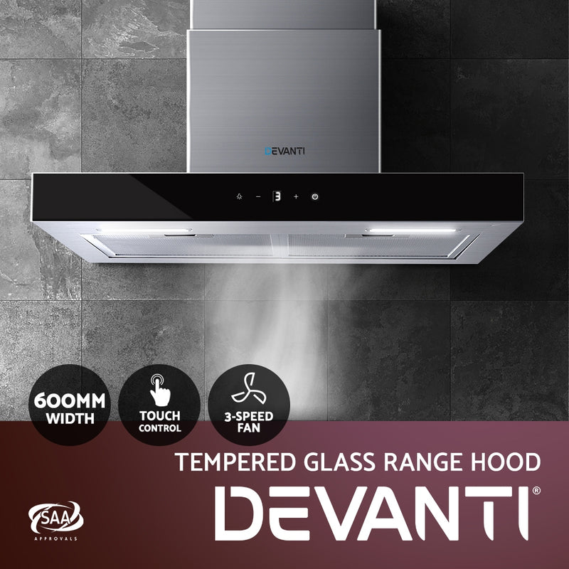 Devanti 600mm Range Hood 60cm Rangehood Glass Stainless Steel