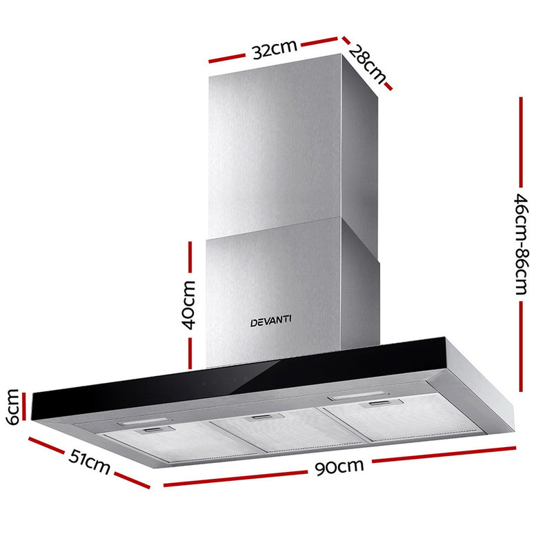 Devanti 900mm Range Hood 90cm Rangehood Glass Stainless Steel