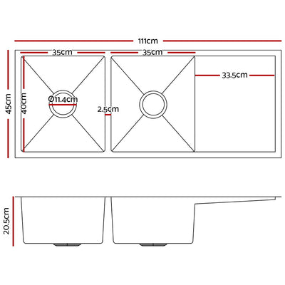 Cefito Kitchen Sink 111X45CM Stainless Steel Basin Double Bowl Silver