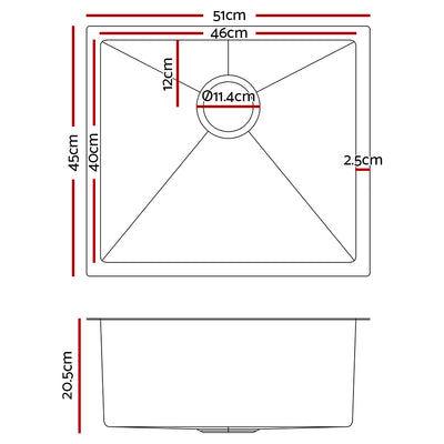 Cefito Kitchen Sink 51X45CM Stainless Steel Basin Single Bowl Silver