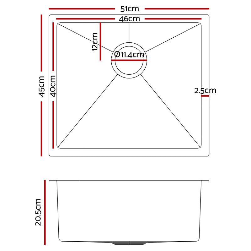 Cefito Kitchen Sink 51X45CM Stainless Steel Basin Single Bowl Silver