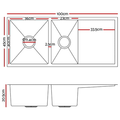 Cefito Kitchen Sink 100X45CM Stainless Steel Basin Double Bowl Black