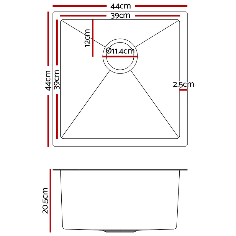 Cefito Kitchen Sink 44X44CM Stainless Steel Basin Single Bowl Black