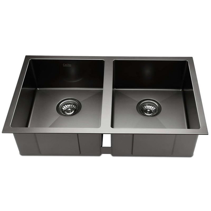 Cefito Kitchen Sink 77X45CM Stainless Steel Basin Double Bowl Black