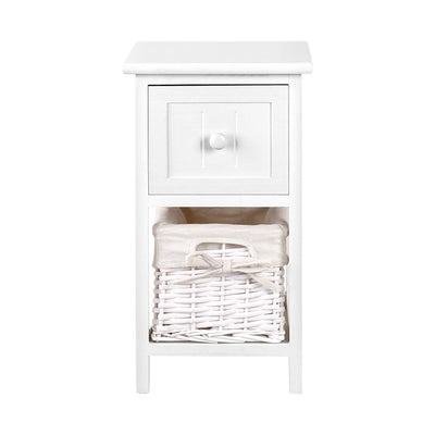 Artiss Bedside Table 1 Drawer with Basket Rustic White X2