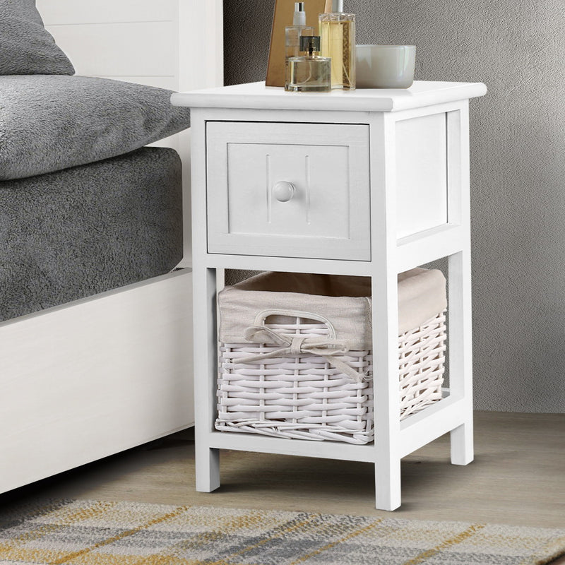 Artiss Bedside Table 1 Drawer with Basket Rustic White X2