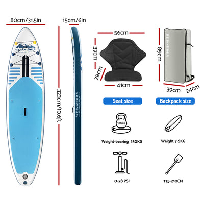 Weisshorn Stand Up Paddle Board 10.6ft Inflatable SUP Surfboard Paddleboard Kayak Surf Blue