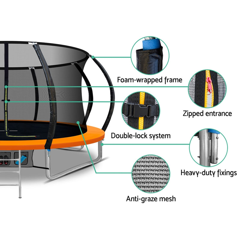 Everfit 12FT Trampoline for Kids w/ Ladder Trampoline Enclosure Safety Net Rebounder Orange
