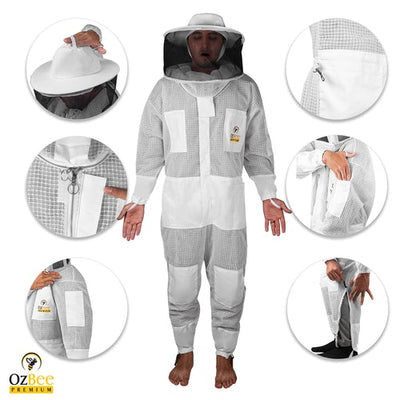 OZBee Premium Full Suit 3 Layer Mesh Ultra Cool Ventilated Round Head Beekeeping Protective Gear Size  2XL