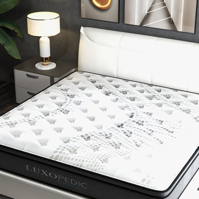 Luxopedic Pocket Spring Mattress 5 Zone 32CM Euro Top Memory Foam Medium Firm - Single - White  Grey