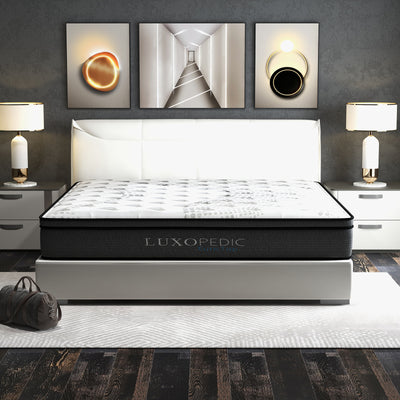 Luxopedic Pocket Spring Mattress 5 Zone 32CM Euro Top Memory Foam Medium Firm - Queen - White  Grey