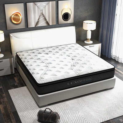 Luxopedic Pocket Spring Mattress 5 Zone 32CM Euro Top Memory Foam Medium Firm - King - White  Grey