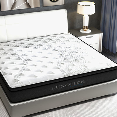 Luxopedic Pocket Spring Mattress 5 Zone 32CM Euro Top Memory Foam Medium Firm - King - White  Grey