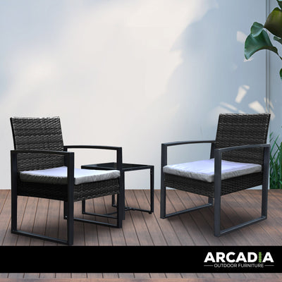 Arcadia Furniture Outdoor 3 Piece Wicker Rattan Patio Set Garden Patio Home - Black and Grey