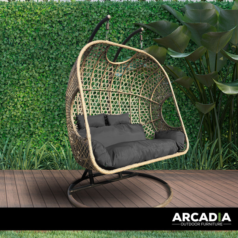 Arcadia Furniture 2 Seater Rocking Egg Chair Outdoor Wicker Rattan Patio Garden - Oatmeal and Grey