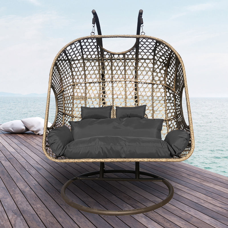 Arcadia Furniture 2 Seater Rocking Egg Chair Outdoor Wicker Rattan Patio Garden - Oatmeal and Grey