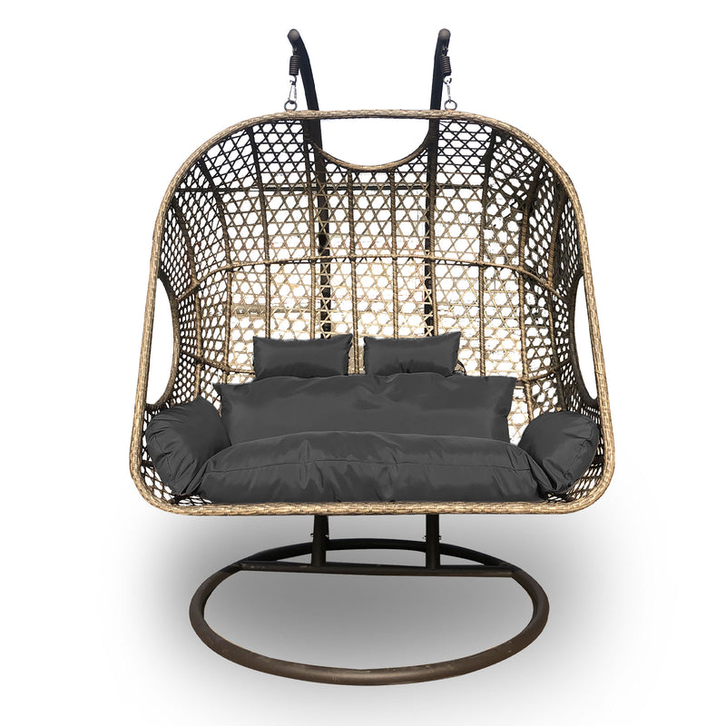 Arcadia Furniture 2 Seater Rocking Egg Chair Outdoor Wicker Rattan Patio Garden - Oatmeal and Grey