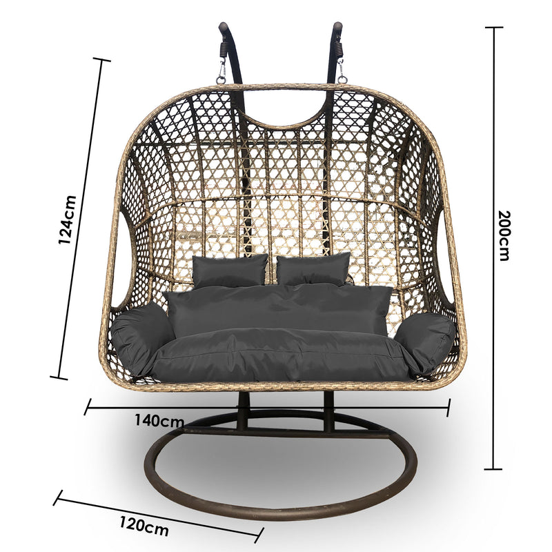 Arcadia Furniture 2 Seater Rocking Egg Chair Outdoor Wicker Rattan Patio Garden - Oatmeal and Grey