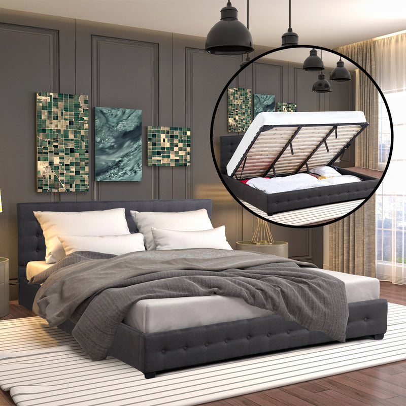 Milano Decor Eden Gas Lift Bed With Headboard Platform Storage Dark Grey Fabric - Queen - Dark Grey