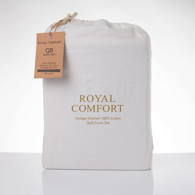 Royal Comfort Vintage Washed 100% Cotton Quilt Cover Set Bedding Ultra Soft - Queen - White