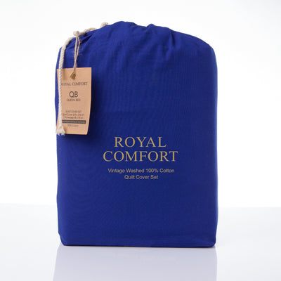 Royal Comfort Vintage Washed 100% Cotton Quilt Cover Set Bedding Ultra Soft - King - Royal Blue