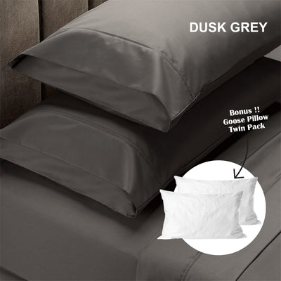 Royal Comfort 4 Piece 1500TC Sheet Set And Goose Feather Down Pillows 2 Pack Set - King - Dusk Grey