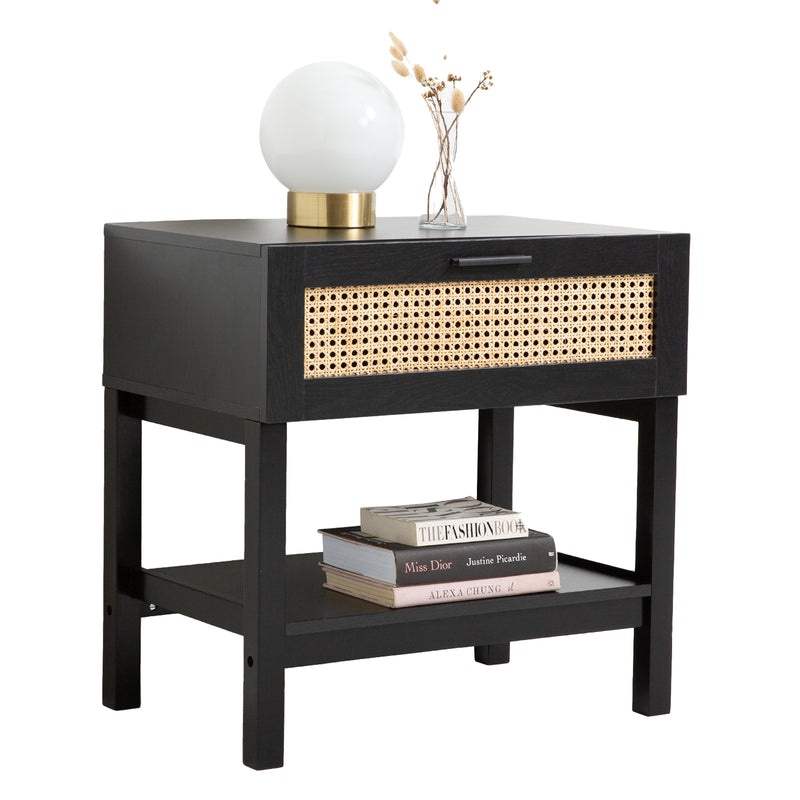 Casa Decor Tulum Rattan Bedside Table Drawers Table Nightstand Cabinet Black