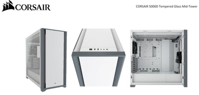 CORSAIR 5000D TG E-ATX, ATX, USB Type-C, 2x 120mm Airguide Fans, Radiator 360mm. 7x PCI, 4x 2.5' SSD, 2x 3.5' HDD. VGA 420mm. White Tower Case