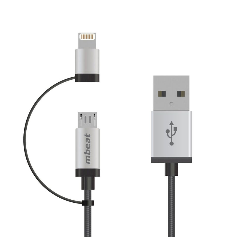 MBEAT 1m Lightning and Micro USB Data Cable - 2-in-1/Aluminmum Shell Crush-Proof/Nylon Braided/Silver/ Apple/Andriod Tablet Mobile Device (LS)