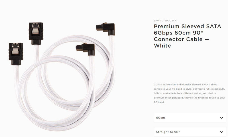 CORSAIR Premium Sleeved SATA 6Gbps 60cm 90?? Connector Cable ê”ê_ê_ White