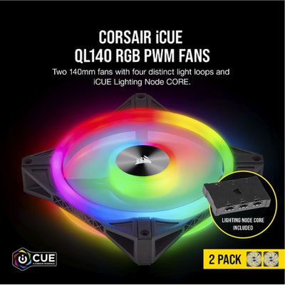 CORSAIR QL140 RGB Dual Fan Kit with Lighting Node Core, ICUE, Anti Vibration, Low-Noise 140 mm Fan Blade, RGB LED PWM Fan 26dBA, 502 CFM, 2 Fan Pack