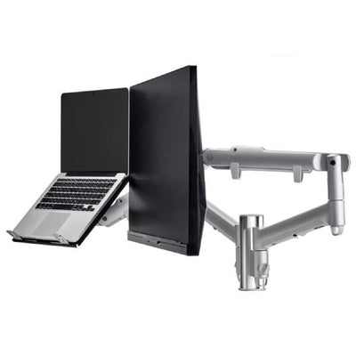 Atdec AWM Dual monitor arm solution - dynamic arms  - 135mm post - Grommet - silver with a note book tray