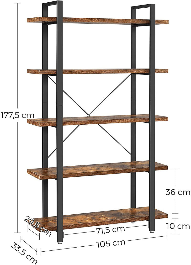 Bookshelf 5-Tier Industrial Stable Bookcase Rustic Brown and Black