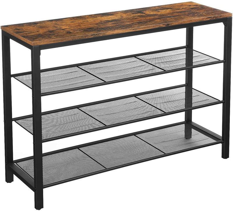 Shoe Rack with 3 Mesh Shelves Rustic Brown and Black 