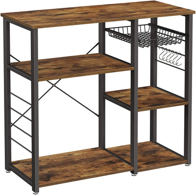Kitchen Shelf with Steel Frame Wire Basket and 6 Hooks Rustic Brown and Black 