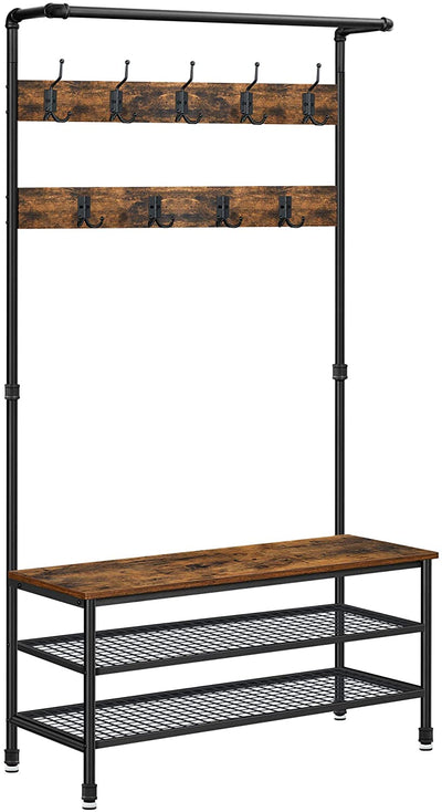 Coat Rack Stand with 9 Hooks and Shoe Rack with Industrial Style Sturdy Steel Frame 
