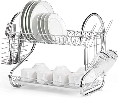 2 Tier Dish Rack with Drain Board for Kitchen Counter and Plated Chrome Dish Dryer Silver 42 x 25,5 x 38 cm